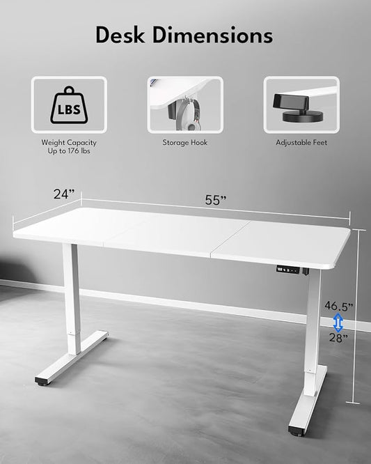 Standing Desk, Height Adjustable Electric Stand up Desk, 55 x 24 Inches Sit Stand Home Office Desk with Splice Board, White Frame/White Top