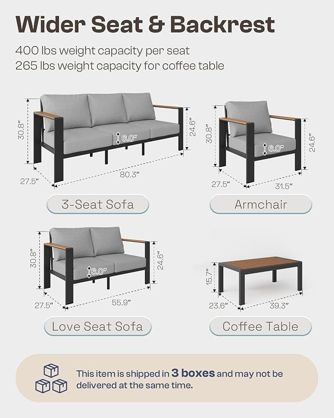 Aluminum Outdoor Patio Furniture Set with Coffee Table, 4 Piece Patio Conversation Sets with Washable Thick Cushions, Outdoor Sectional Furniture Set for Poolside, Balcony, Deck, Gray