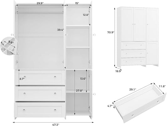 VOWNER Armoire Wardrobe Closet with Drawers and Mirror, 71" Clothing Storage Cabinet with Hanging Rod, 4 Doors Wooden Wardrobe Cabinet for Bedroom, Large Capacity Storage