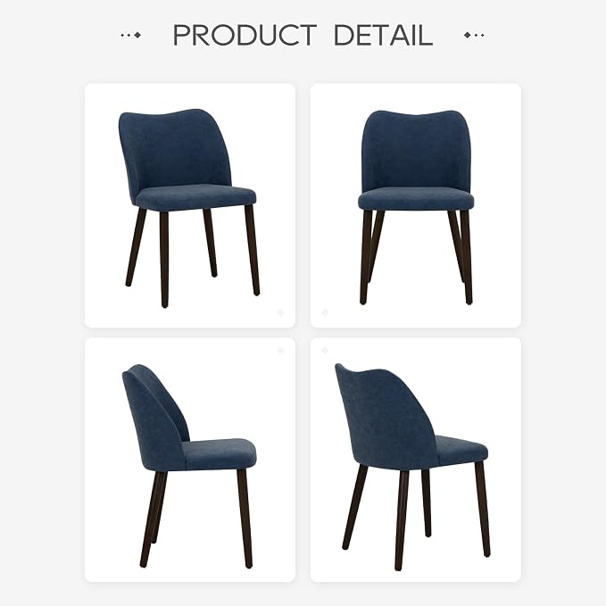 COLAMY Dining Chairs Set of 2, Upholstered Leather Kitchen Chairs with Curved Back, Padded Seat and Solid Wood Legs, Modern Dining Chair for Kitchen Dining Room, Blue
