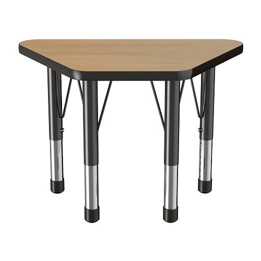 Factory Direct Partners FDP Trapezoid (18 x 30 inch) Classroom Table with Adjustable Chunky Toddler Legs (15-24 in) Preschool, Kinder and Daycare Furniture - Pasadena Oak Top/Black Edge and Legs