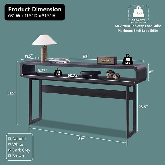 IFGET 63-Inch Long Console Table, 31.5" Tall Modern Entryway Table with Open Storage Shelf, Curved Profile Design, Narrow Wood Sofa Table Behind Couch Table for Living Room, Hallway, Foyer, Dark Grey