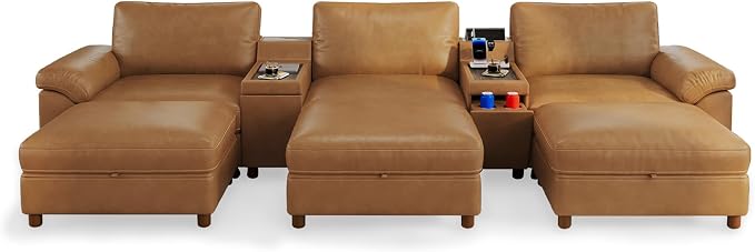 SITJOY Large Cloud Couch, 146" Wide 3 Seater Sofa Bed with Console, Brown | Pet-Friendly Scratch-Resistant Leather Sectional Sofas for Living Room, Deep Seat Wide Couch with Chaise, Storage Ottoman