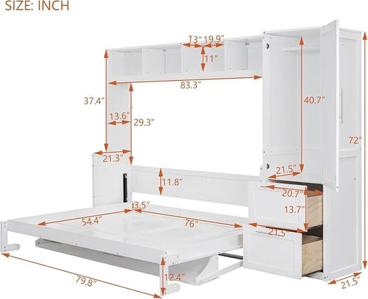 Virubi Full Horizontal Murphy Bed with Wardrobe Closet,2 Drawer,4 Storage Open Shelves,Wood Folding Murphy Wall Bed Cabinet, Slat Suuport (White,Full)