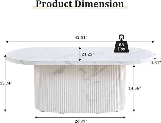 Oval Coffee Table, Modern Faux Marble Wood Coffee Table, Small Fluted Center Tea Table for Living Room,White
