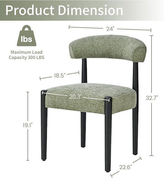 VKNOW Wooden Dining Chairs Set of 6 with Black Rubberwood Legs, Green | Soft Chenille Fabric, Curved Open Back, Thickened Cushion, For Adults and Family, Dining Room, Kitchen, No Wobble