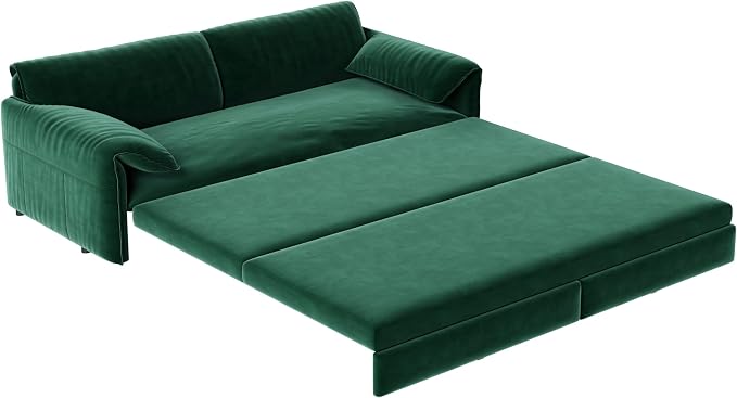 66" Sleeper Sofa Bed Queen Size, 3-in-1 Convertible Couch, Modern Pull Out Couches, Comfy Velvet Futon Sofa, Cloud Loveseat Lounge, Pillow Arm, for Small Spaces, Living Room, Apartment, Green