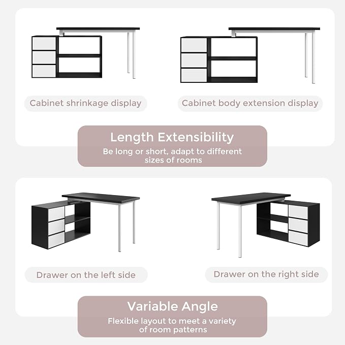 Home Office Computer Desk Corner Desk with 3 White Drawers and 2 Shelves, 53-inch L-Shaped Study Desk with Storage, Black + White