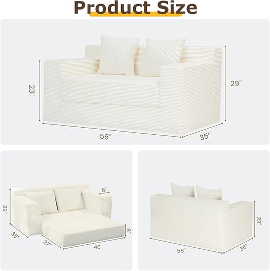 cidludto Convertible Sofa Bed, 3 in 1 Loveseat Folding Couch Bed Foldable - Chaise Lounge Chair & Floor Futon Sofa, Corduroy Pull Out Sofa Bed with 4 Pillows for Living Room, Beige