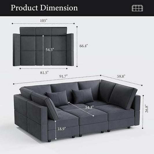 Vesgantti Sectional Sleeper Sofas with Storage, 92" Sofa Bed with 6 Seats Storage Chaises Removable Cover, Deep Seat Modular Couches Velvet Couch Set for Living Room, Apartment, Home Theater, Gray