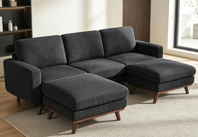 Convertible U-Shaped Corduroy Sectional Sofa, 3-Seater Couch with 2 Ottomans, FSC Solid Wood Frame, Spring Cushions, Black