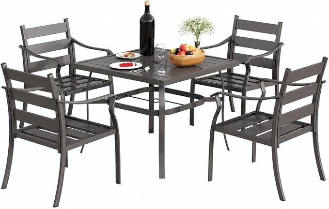 EROMMY 5-Piece Outdoor Patio Dining Set, 4 Metal Slat Chairs & Square Table with Umbrella Hole, All-Weather Patio Furniture for Backyard, Deck and Garden