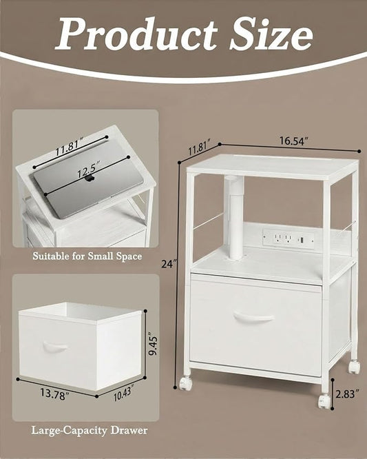 Faesun Swivel Lift Top Nightstand with Charging Station, Rolling Side Table for Recliner, Bedside Table with Wheels & a Fabric Drawer, for Small Spaces, for Bedroom, Living Room, White