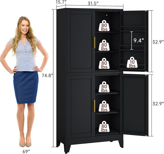 PAOFIN 75" H Metal Storage Cabinet, Pantry with 6 Door Shelves and 4 Adjustable Shelves, Leveling Foot for Kitchen, Living Room and Dinning Room, Black