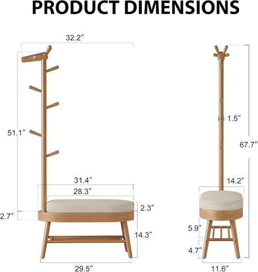 AQIMUELE Shoe Rack with Coat Rack, Wooden Shoe Bench with Upholstered Cushion, 3-in-1, 2-Tier Shoe Storage and Cute Animal Hooks for Entryway, Hallway, Closet (Natural 32.2")