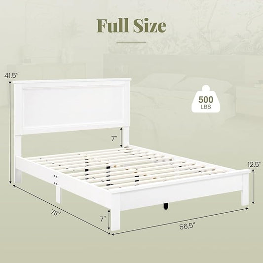Wood Bed Frames with Headboard, Mid Century Bed Frame with Solid Wood Legs & Wooden Slat Support, Mattress Foundation Bed Base, No Box Spring Needed, (White, Full)
