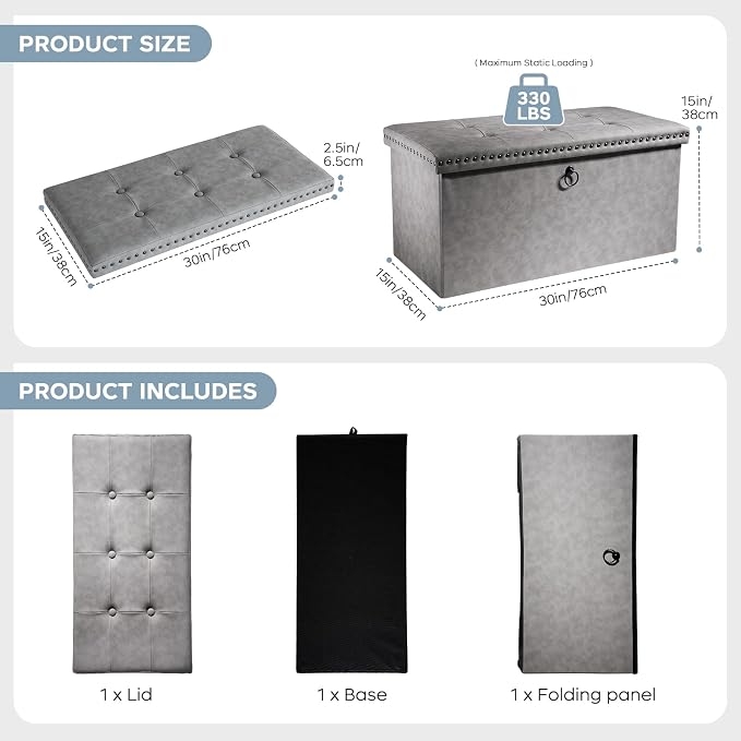 oakvivo 30 Inches Folding Storage Ottoman Bench, Leather End of Bed Foot Rest Stools with Button Tufted Rivet Design, Ottoman with Padded Seat for Bedroom, Living Room, Entryway, 330 lb, Grey