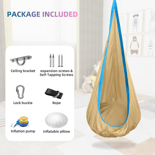 Kids Swing Seat Hammock Chair Indoor Outdoor Hanging Chair for Children,Soft & Safe with High Weight Capacity, Easy Install Perfect for Bedroom, Garden, Playroom (Khaki)