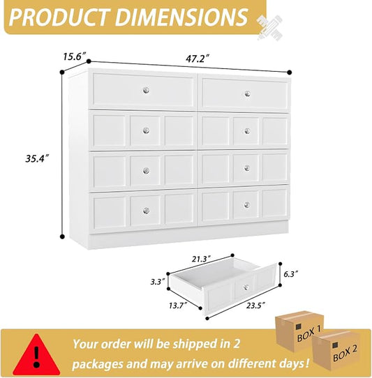 8 Drawer Dresser for Bedroom: 47" White Chest of Drawers with Deep Drawers, Tall Fluted Dresser with Storage, Modern Wood Dressers for Bedroom, Living Room