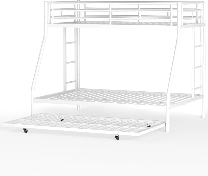 Shintenchi Bunk Bed Twin Over Full Size with Trundle, Heavy-Duty Twin&Full Frame with Full-Length Guardrail and Two Ladders, Triple for Kids, Teens and Adults, Space-Saving, White