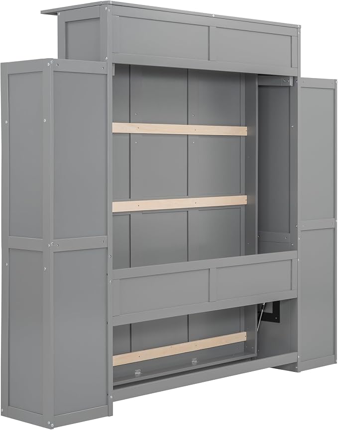 Ball & Cast Full Size Murphy Bed Wall Bed with Shelves and LED Lights,can be Folded,Hideaway Cabinet Bedframe W/ 2 Five-Layer Cabinets,Slat Support,No Box Spring Needed,for Apartment,Bedroom,Gray