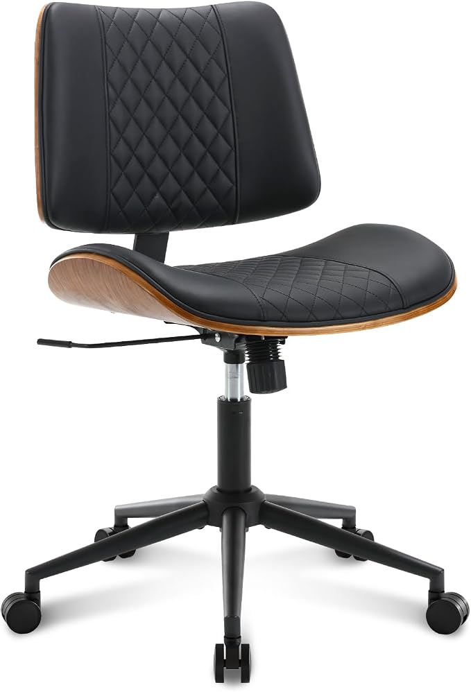 Home Office Chair No Arms with Wheels, Adjustable Height Small Desk Chair, PU Leather Mid Back 360 Swivel Computer Chair, Armless Modern Walnut Chair for Office, Reading Meeting Room(Black)
