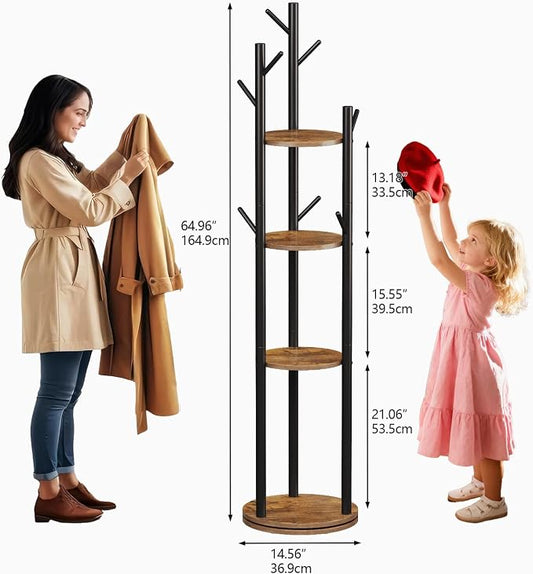 Espelism Rotary Coat Rack Freestanding Metal Coat Hall Tree Stand with 4 Tiers Storage Display Shelf and 9 Hooks for Entryway Bedroom Corner Office Garment Clothes Holder (Brown)