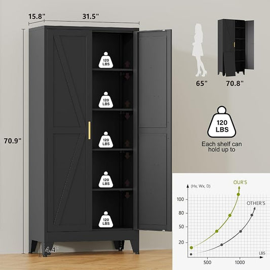 71"H Kitchen Pantry Storage Cabinet,Metal Black Food Pantry with 2 Door and 4 Adjustable Shelves,Laundry Room Freestanding Cabinet,Tall Hutch Cabinet,Large Farmhouse Cupboard for Dining Living Room