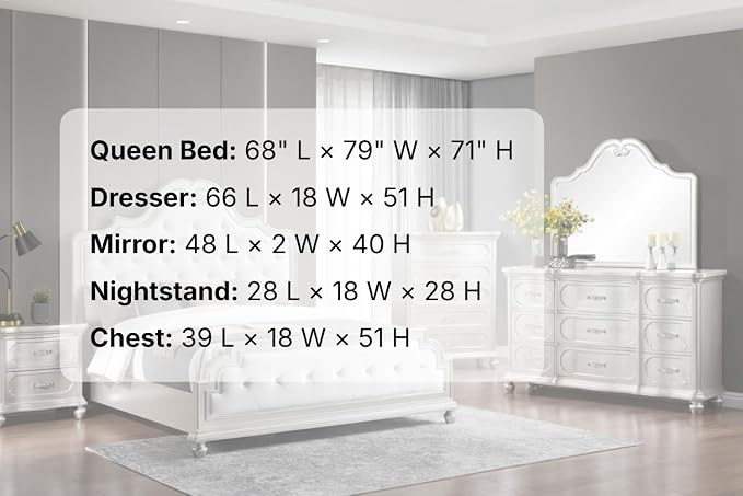 First of a Kind Roma Silver Finish Traditional 5 Piece Queen Bedroom Set with Upholstered Tufted Headboard Classic European Style Coordinated Furniture Collection