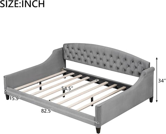 Ball & Cast Full Size Daybed, Velvet Upholstered Day Bed Frame with Button Tufted Backrest,Modern Sofa Bed for Living Room, Bedroom,Guest Room,No Box Spring Needed,Gray