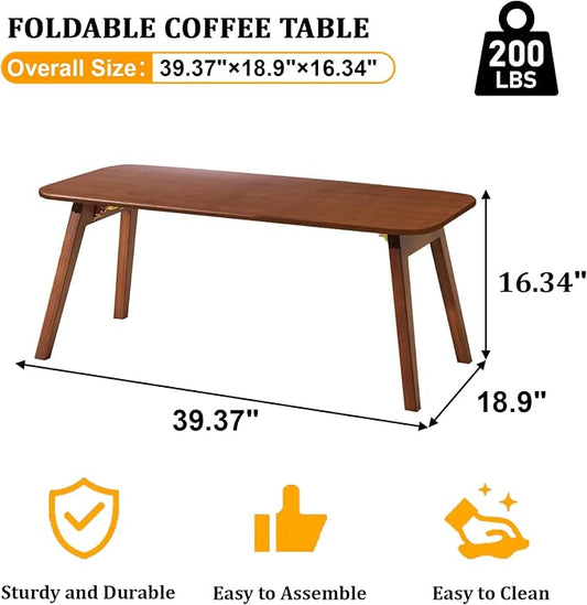 Baveke Folding Coffee Table- Foldable Floor Tables, Mid Century Coffee Table for Living Room, Small Coffee Tables Solid Wood Japanese Low Table for Sitting on Floor, No Assembly, 39.4''-Brown