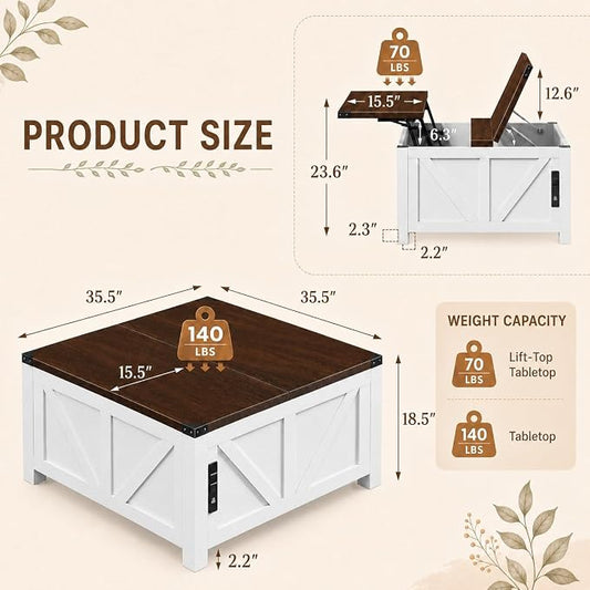 Simple Deluxe Lift Top Coffee Table with Storage, 35.5" Square Coffee Tables for Living Room, Farmhouse Coffee Table with Power Outlets, Coffee Tables with Lifting Top for Living Room (White)