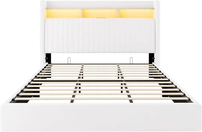 Allewie King Size Lift Up Hydraulic Storage Bed Frame, 2-Tier Shelf Headboard with LED Lights and Charging Station, USB and Type C Ports, Wingback Velvet Headboard, No Box Spring Needed, White