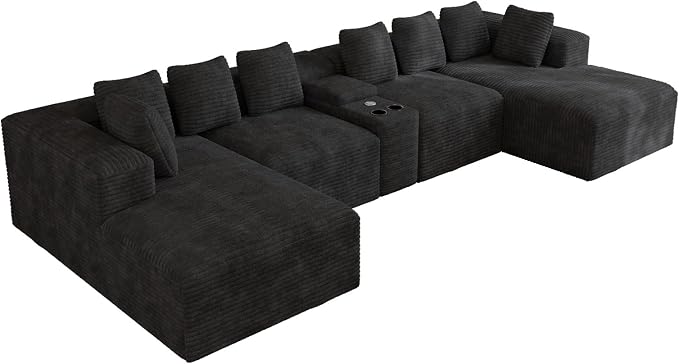 143" Oversized U Shaped Cloud Sectional Couches for Living Room, Comfy Fluffy Corduroy Black Boneless Couch, Large Modular Sectional Sofa Set with Chaise, Cup Holder, USB Port, Storage Console