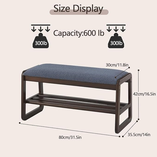 Achicsofar Shoe Rack Bench,2 Tier Solid Wooden Entryway Bench with Shoe Storage, Shoe Rack with Cushion for Living Room, Hallway(Grayish Blue, 31.5")