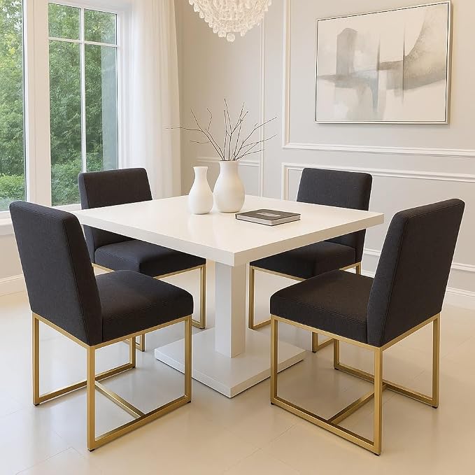 HNY Modern Dining Chairs Set of 2, Upholstered Linen Dining Room Chairs with Ergonomic Back & Polished Gold Metal Frame for Home, Kitchen, Apartment, Charcoal Black