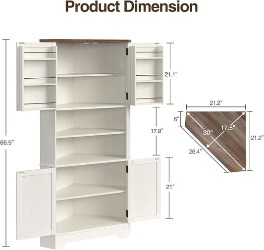 Befrases Corner Cabinet, 67''H Kitchen Pantry Storage Cabinet, 6-Tier Corner Food Pantry Hutch with 4 Barn Doors and Shelves, Tall Farmhouse Furniture for Kitchen Dining Living Room, White