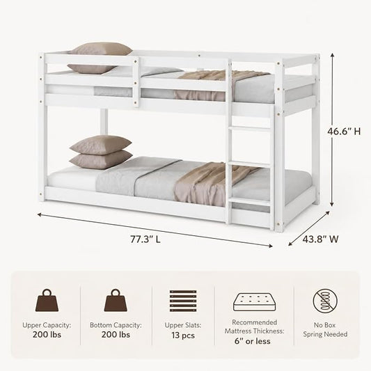 Twin Over Twin Bunk Bed, Low Profile Wooden Frame for Kids Bedroom, Floor Bunk with Ladder and Guardrails, Rubber Wood Construction, 13 Plywood Slats, No Box Spring Needed (White)
