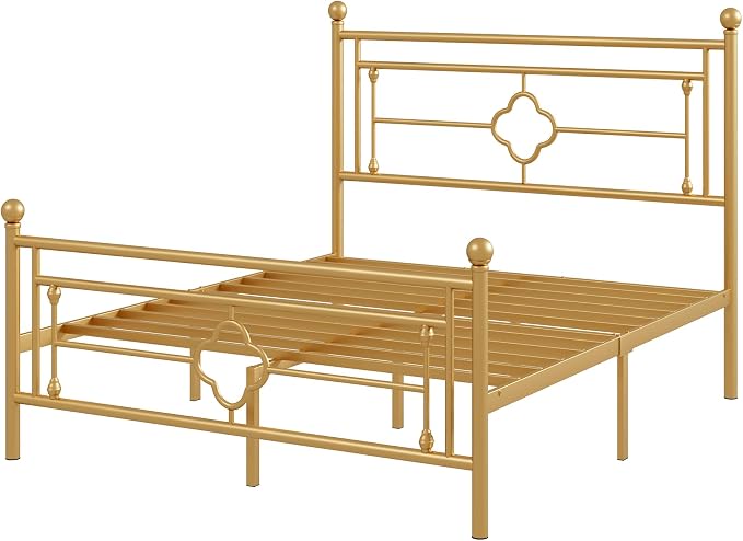 Allewie Full Size Metal Platform Bed Frame with Victorian Vintage Headboard and Footboard/Mattress Foundation/Under Bed Storage/No Box Spring Needed/Noise-Free/Easy Assembly, Gold