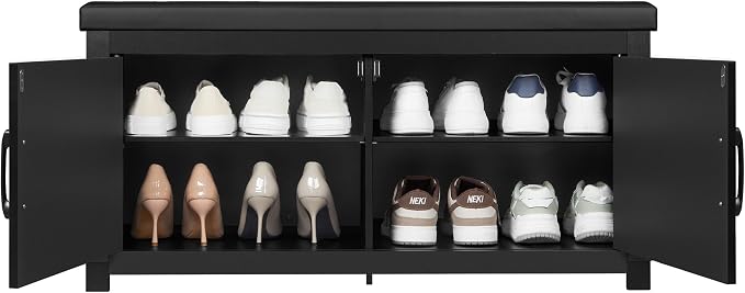 Hzuaneri Shoe Storage Bench, 2 Tier Shoe Bench with Padded Seat Cushion & 2 Barn Doors, Entryway Bench with Adjustable Shelf, Farmhouse Shoe Cabinet for Living Room, Bedroom, Black SB26606BK