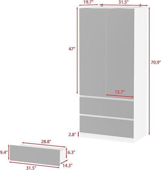 WOODTIME Wardrobe Closet with All Mirror, Wooden Armoire with 2 Doors, 2 Drawers & Hanging Rod, Clothes Storage Cabinet Organizer for Bedroom Apartment, White
