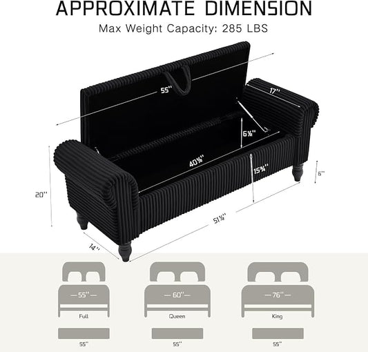 55" Storage Bedroom Bench for End of Bed, Storage Ottoman with Rolled Arms for Bedroom, Living Room, Entryway (Black)