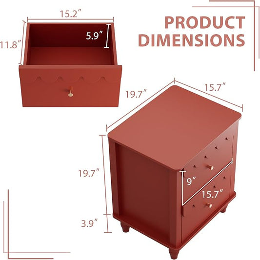 Anbuy Red Nightstand with Petal Pattern, Modern Night Stand with 2 Drawers for Bedroom, Side End Table Scalloped Bedside Night Tables with Solid Wood Legs