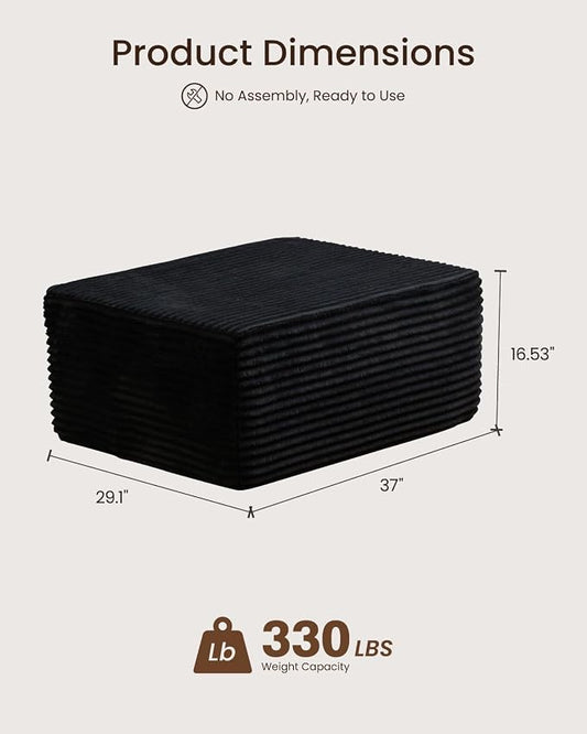 37" Plush Boneless Ottoman, Upholstered Cloud Footrest for Boneless Couch in a Box,Oversize Poufs for Living Room & Bedroom Sofa Ottoman,Comfy Seating with Dense Foam, Black (Plush Corduroy Fabric)