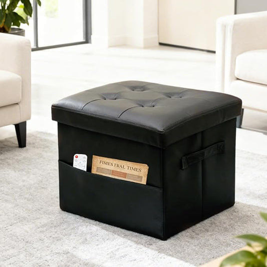 ALASDO Storage Ottoman Footrest Stool Small Ottoman with Storage Foldable Ottomans Foot Rest Footstool Bench for Living Room 17x13x13inches Black