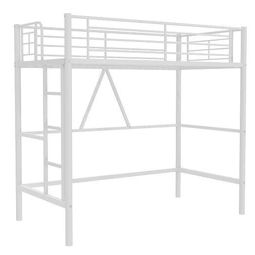 VECELO Metal Loft Bed Twin Size, Heavy Duty Bedframe with Removable Ladder and Safety Guardrail, Space-Saving, Noise Free, No Box Spring Needed, Off White