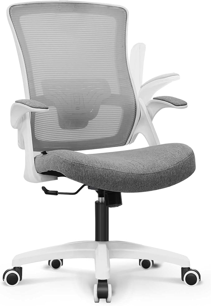 NEO CHAIR Office Desk Gaming Chair Computer High Back Mesh Seat with Rolling Wheels Ergonomic Adjustable Comfy Flip-up Armrests Lumbar Support Height for Home (Grey White Frame)