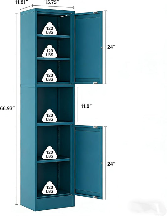 Blue Narrow Storage Cabinet Tall Metal Storage Cbinets with 4 Adjustable Shelves Freestanding 5 Tier Slim Pantry Cabinet for Kitchen Office Small Space