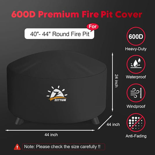 Zettum Fire Pit Cover Round 44 Inch - Outdoor Firepit Cover Heavy Duty & Waterproof, 600D Patio Fire Table Cover Gas Fire Pit Accessories Fade & Weather Resistant - 44 x 44 x 24 Inch