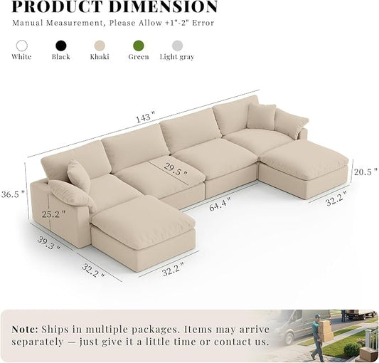 Modern Modular Sectional Sofa U-Shaped 6-Seat with Ottoman,Khaki-Extra Comfty Deep Seat Couch for Living Room,Apartment,Office & Small Spaces
